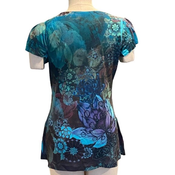 B.L.E.U. Short Sleeve Tunic Top Floral Beaded/Studded Ruffle Sz M #233B - Picture 5 of 9